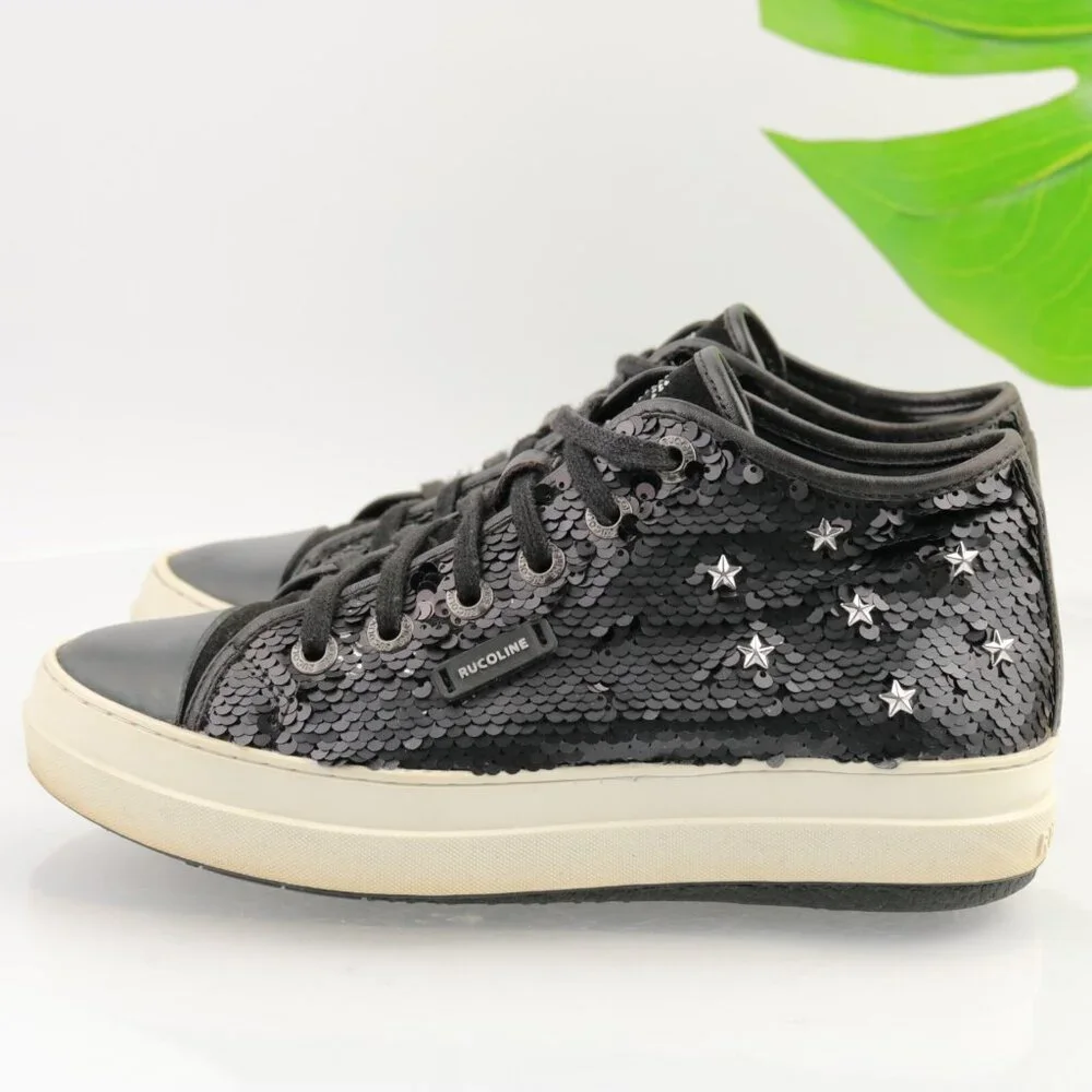 RUCOLINE Womens Sneaker Size 36 6 Black Leather Sequins Star Studs Platform Shoe
